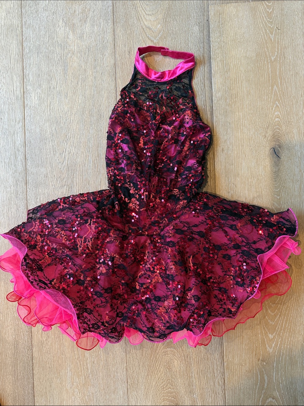 Girls Hot Pink & Black Sequin Lace Dance Dress